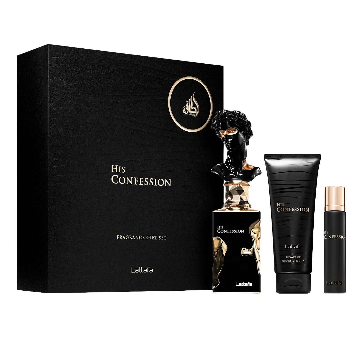 perfume-lattafa-kit-his-confession-100ml12ml50ml-1415896-tle0f Kit Perfume Lattafa His Confession Gift Set Eau de Parfum Masculino 100ml + Perfume Miniatura + Shower Gel 500ml - Imagen 1